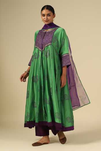LATHA PUTTANNA Block Print Anarkali Chanderi Silk Kurta Set 