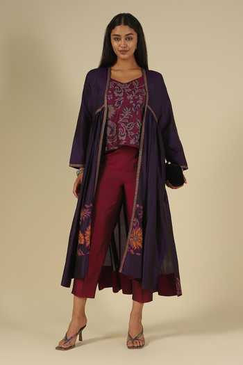 LATHA PUTTANNA Silk Thread Embroidered Jacket Pant Set 