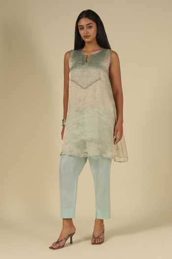 LATHA PUTTANNA Bead Embellished Tissue Organza Kurta & Trouser Set 