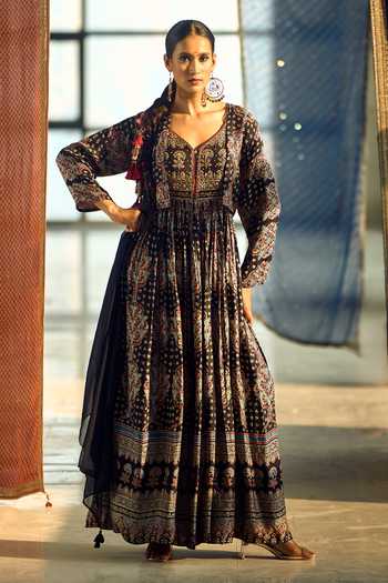 Samyukta Singhania Printed Anarkali Set With Crop Jacket 