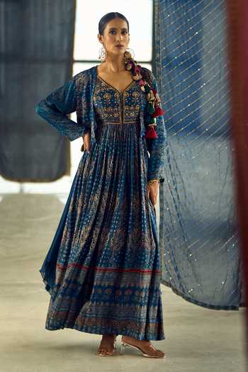 Samyukta Singhania Floral Stripe Print Anarkali Set 