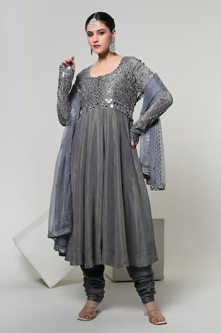OHH CROW Silk Tissue Embroidered Jacket & Anarkali Set 