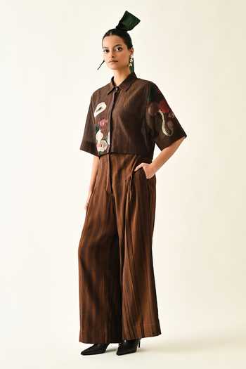 OFRIDA Brown Stripes Pleated Pant 