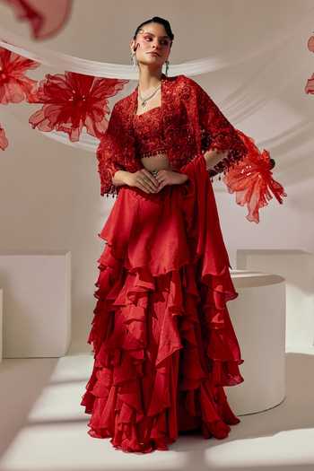 Sachkiran Bimbra Ruffle Pre-Draped Saree Set With Cape 
