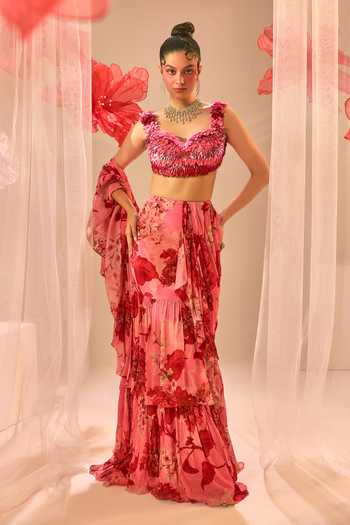 Sachkiran Bimbra Ruffle Printed Pre-Draped Saree With Blouse 
