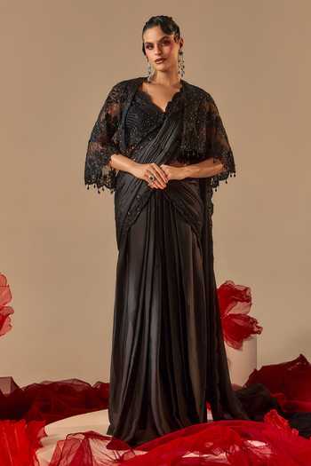 Sachkiran Bimbra Pre-Draped Saree Set With Embroidered Cape 