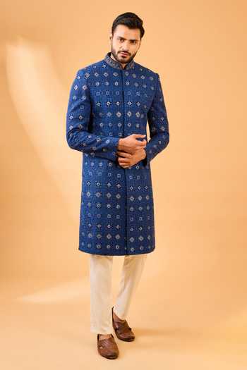 Spring Break Navy Blue Embroidered Sherwani Set 