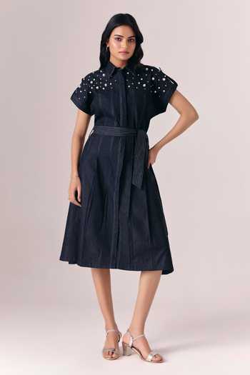 Savaaya Starlit Handwork Pearl Collared Dress 