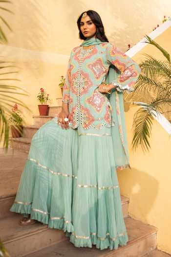 Sajeda A Lehry Aqua Hand Embroidered Kurta Sharara Set 