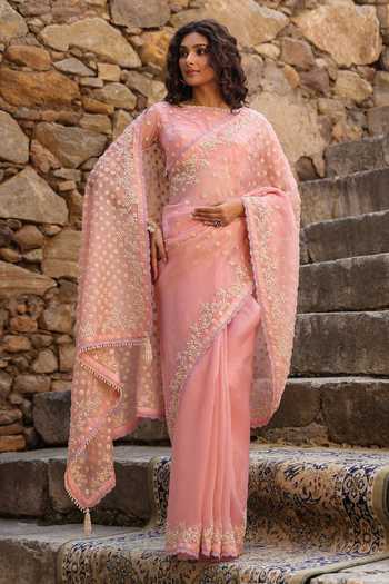 Label Niti Bothra Pearl Embroidered Organza Saree & Blouse Set 