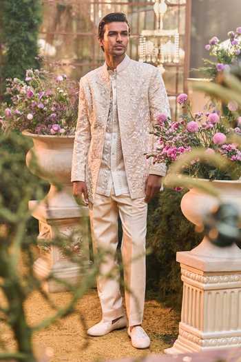 Seema Gujral Embroidered Linen Satin Bandhgala Set