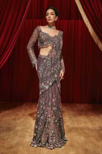 Roqa Violet Embellished Net Pre-Draped Saree & Blouse Set 