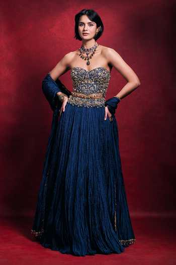Tamanna Punjabi Kapoor Crushed Lehenga Embroidered Blouse Set 
