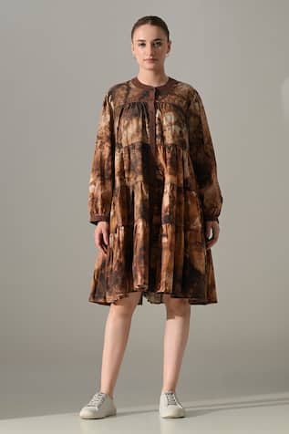 Samant Chauhan Earth Brown Tie Dye Tiered Dress 