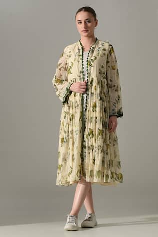 Samant Chauhan Cream Botanical Print Jacket With Dress 