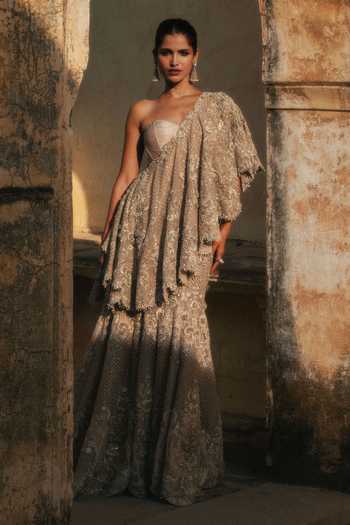 JAYANTI REDDY Luna Asymmetric Embellished Cape Lehenga Set 