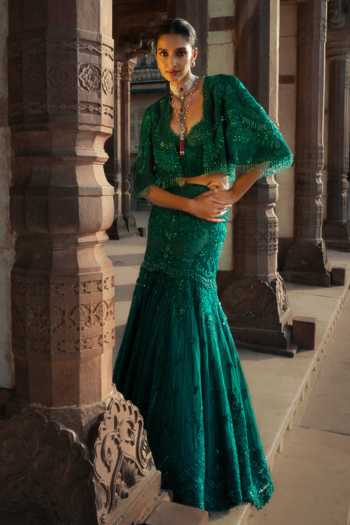 JAYANTI REDDY Eemeralda Embellished Cape Lehenga Set 