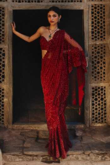 JAYANTI REDDY Aurora Bead Embroidered Saree & Bustier Set 