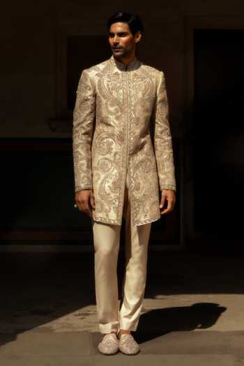 JAYANTI REDDY Noir Embroidered Raw Silk Sherwani & Pant Set 