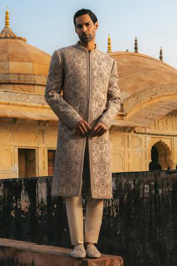 JAYANTI REDDY Ash Dori Embroidered Sherwani Set 