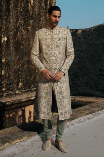 JAYANTI REDDY Arden Zardozi Raw Silk Sherwani & Churidar Set 
