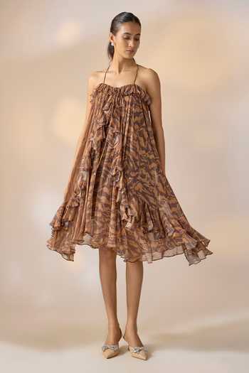 Ewoke Ruffled Halter Mini Marble Print Dress 
