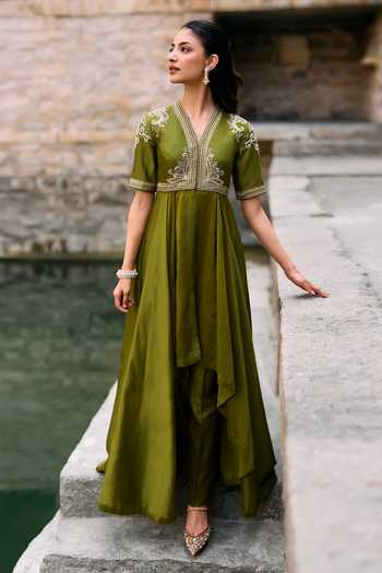 JAYANTI REDDY Owl Embroidered Silk Anarkali Set 