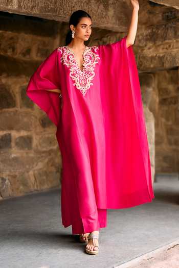 JAYANTI REDDY Owl Zardosi Silk Kaftan & Palazzo Set 