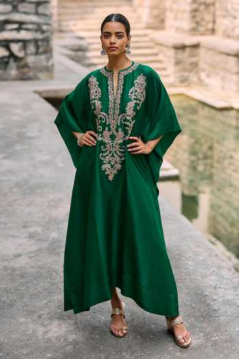 JAYANTI REDDY Pixi Silk Threadwork Embroidered Kaftan  