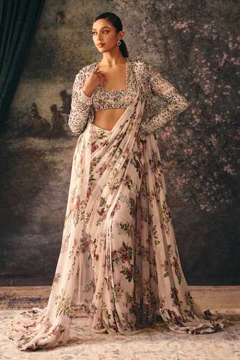 Mani Bhatia Elixia Printed Pre-Draped Saree Set With Embroidered Jacket 