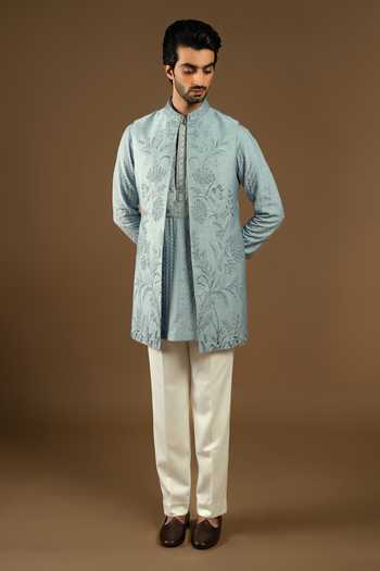 Punit Arora Longline Tonal Embroidered Bundi Kurta Set 