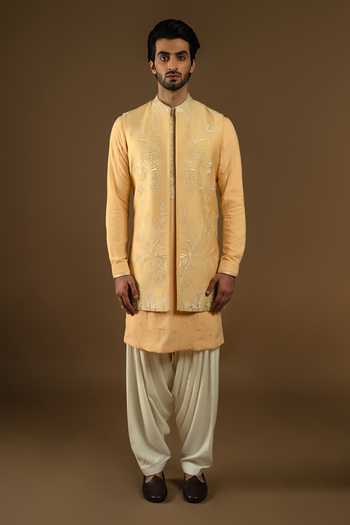Punit Arora Placement Embroidered Cotton Silk Bundi Kurta Set 