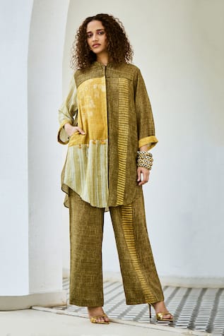 Basil Leaf Linen Silk Printed Kurta & Pant Set 