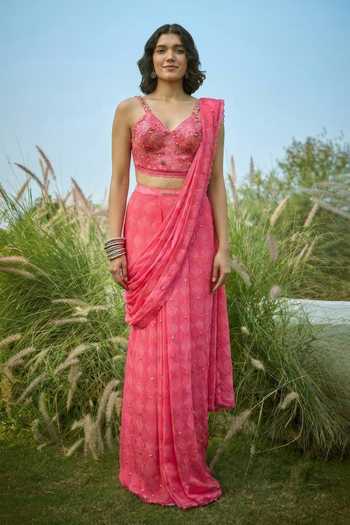 Basil Leaf Embroidered Pre-Draped Saree With Blouse 