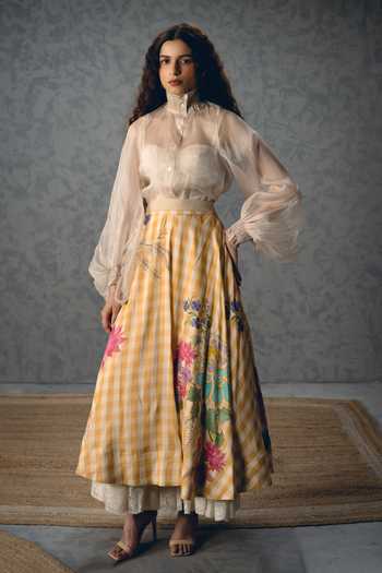 Paulmi And Harsh Sunlit Puffed Sleeve Shirt & Printed Skirt Set 