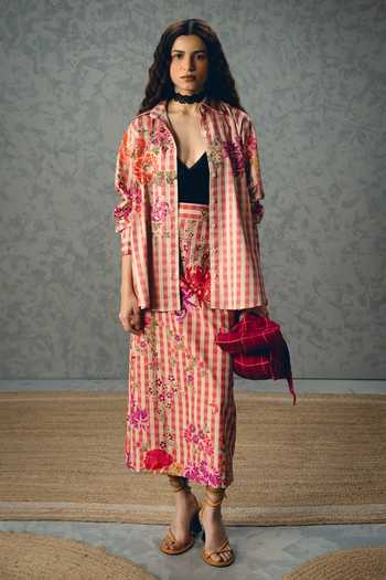 Paulmi And Harsh Kanso Floral & Checks Print Shirt & Skirt Set 