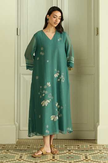 emerald green work dress Buy Cotton, Muslin Applique V-neck For Women by Vaayu Online at Aza Fashions Tag: zip_back