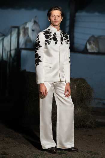 House Of Koa Noir Rose Pattern Bandhgala Set 