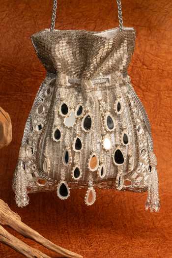 Nayaab By Sonia Mirror Bead Pearl Silk Potli Bag & Chain 