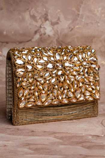 Nayaab By Sonia Kundan Embellished Silk Handbag With Chain Strap 