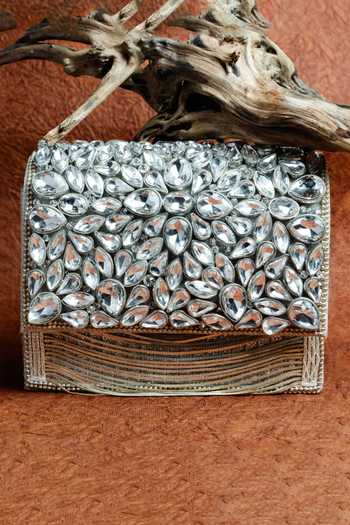 Nayaab By Sonia Kundan Embellished Silk Clutch With Chain Strap 
