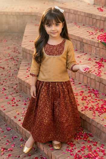 Petite Pomme Placement Woven Top & Lehenga Set 