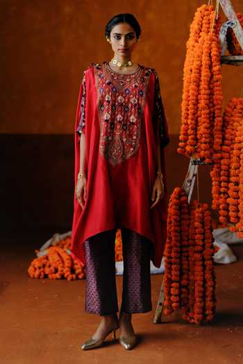 Alam By Tulsi Patel Genda Embroidered Silk Tunic & Pant Set 