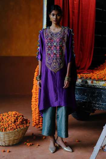 Alam By Tulsi Patel Genda Embroidered Silk Tunic & Pant Set 