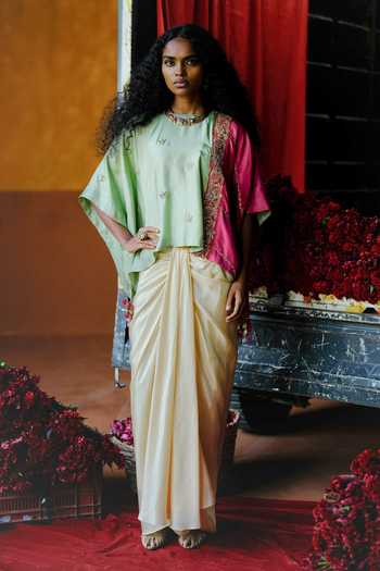 Alam By Tulsi Patel Shiuli Floral Embroidered Cape & Draped Skirt Set 