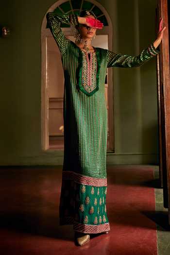 Alam By Tulsi Patel Hand Embroidered Tissue Stripe Kurta & Pant Set 