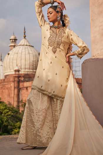 Alam By Tulsi Patel Hand Embroidered Silk Kurta Sharara Set with Organza Dupatta 