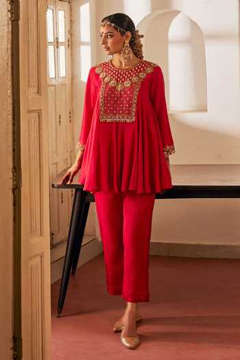 Alam By Tulsi Patel Veda Embroidered Flared Silk Tunic & Pant Set 