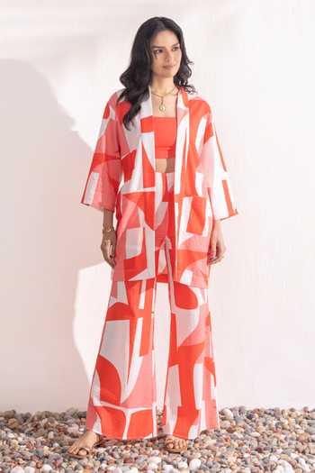 Zazu Coral Geometric Print Jacket Pant Set 