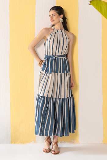 Zazu Blue & Beige Striped Maxi Dress With Belt 